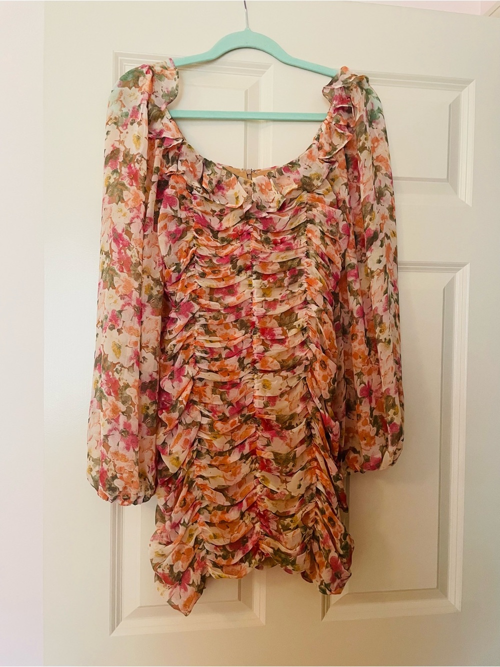 Aakaa Floral Ruffle Sheer Dress in Pink, Cream & Orange, Medium
